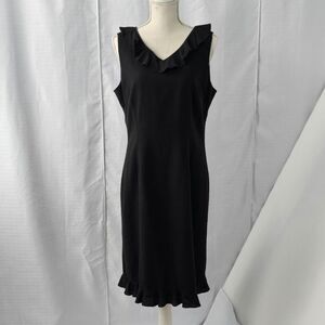 Mary McFadden Collection Womens 12 Black Linen Blend Ruffle Neck Sheath Dress